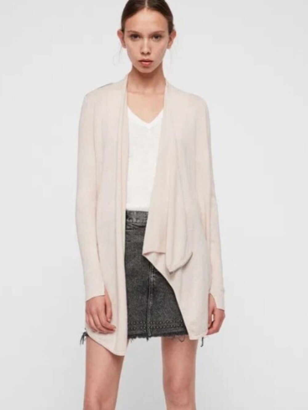 AllSaints Drina Oatmeal Contrast Wool Asymmetrical Cardigan Sweater - Size - 6